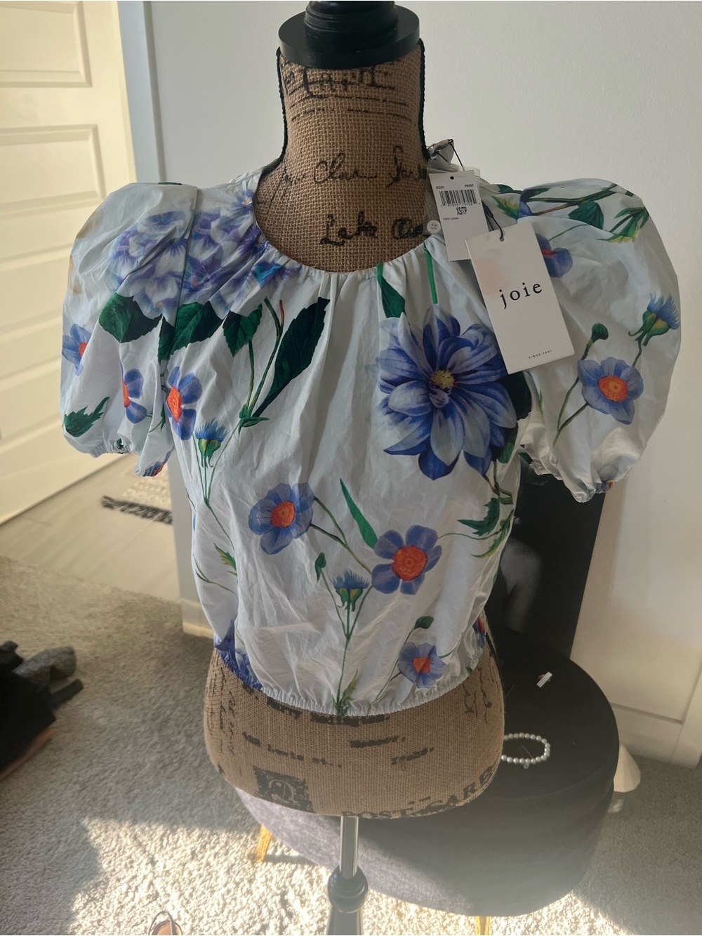 Joie White Floral Puff-Sleeve Cropped Blouse